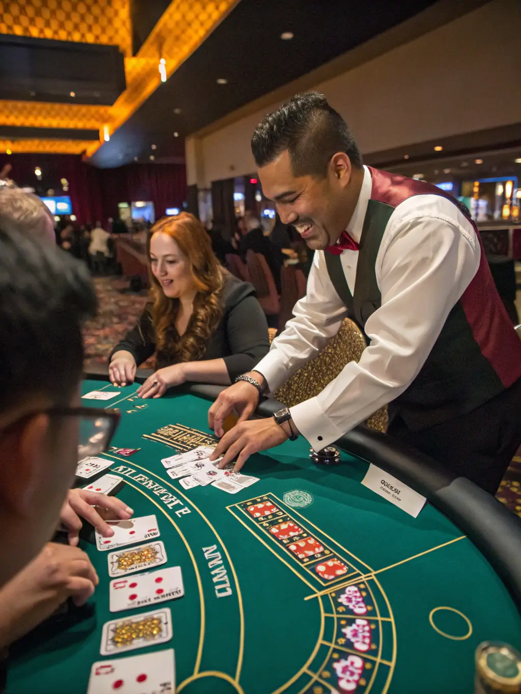 A professional live dealer in a tuxedo smiles at the camera while dealing cards at a blackjack table in a luxurious casino setting, emphasizing the real-time interaction and high-quality streaming experience.