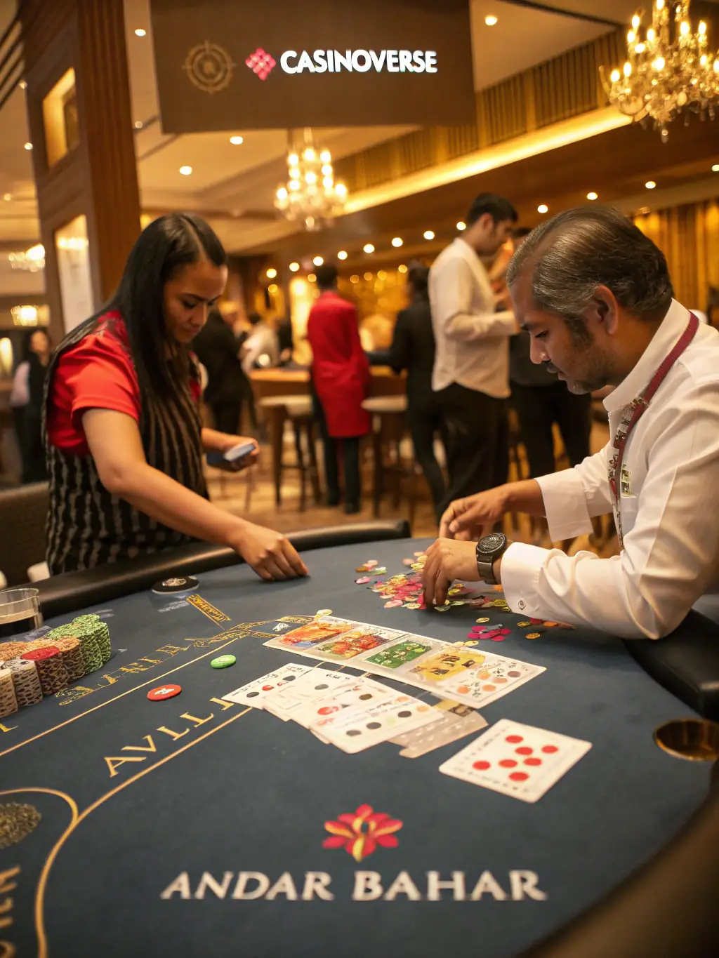 A close-up shot of a live baccarat table with cards being dealt, showcasing the elegant setting and the fast-paced nature of the game.