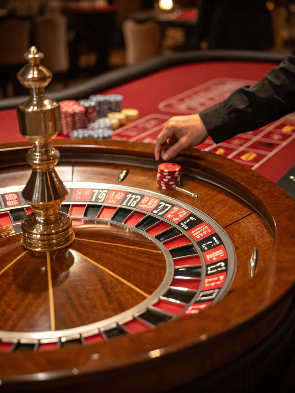 A sophisticated image displaying a roulette wheel in motion at bet 888 casino bônus, surrounded by betting chips and a luxurious casino setting, capturing the anticipation of the game.