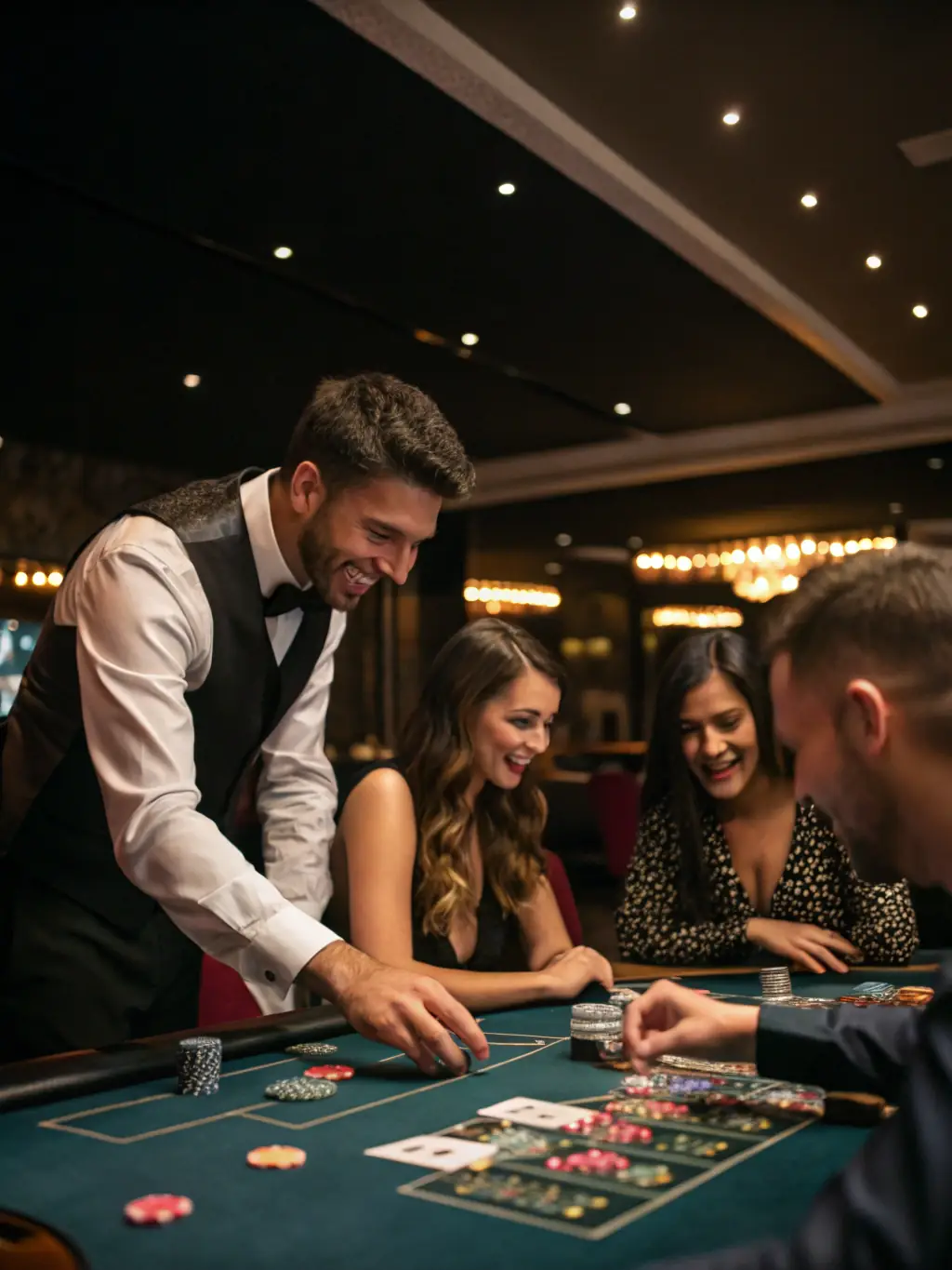 An elegant image depicting a live dealer at a blackjack table in bet 888 casino bônus, with players engaged in the game, creating an atmosphere of real-time excitement and interaction.